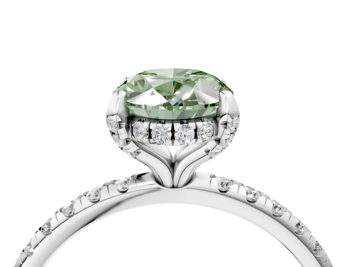 Fancy Green Oval Cut Diamond Hidden Halo Engagement Ring with Round Pavé Band and Prong Setting Silver