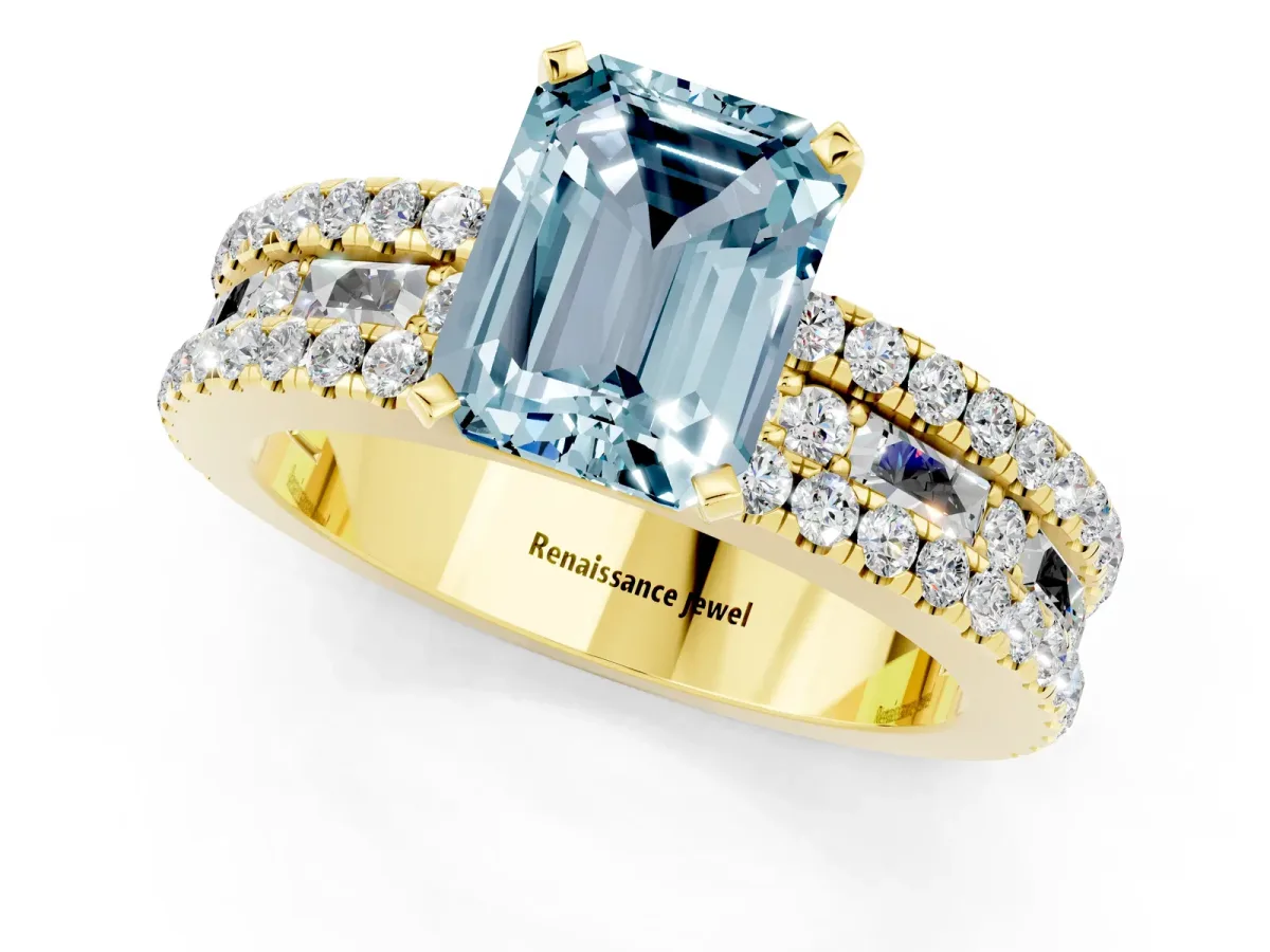 Emerald Cut Aquamarine Solitaire Ring with Pavé and Channel Set Band Yellow gold