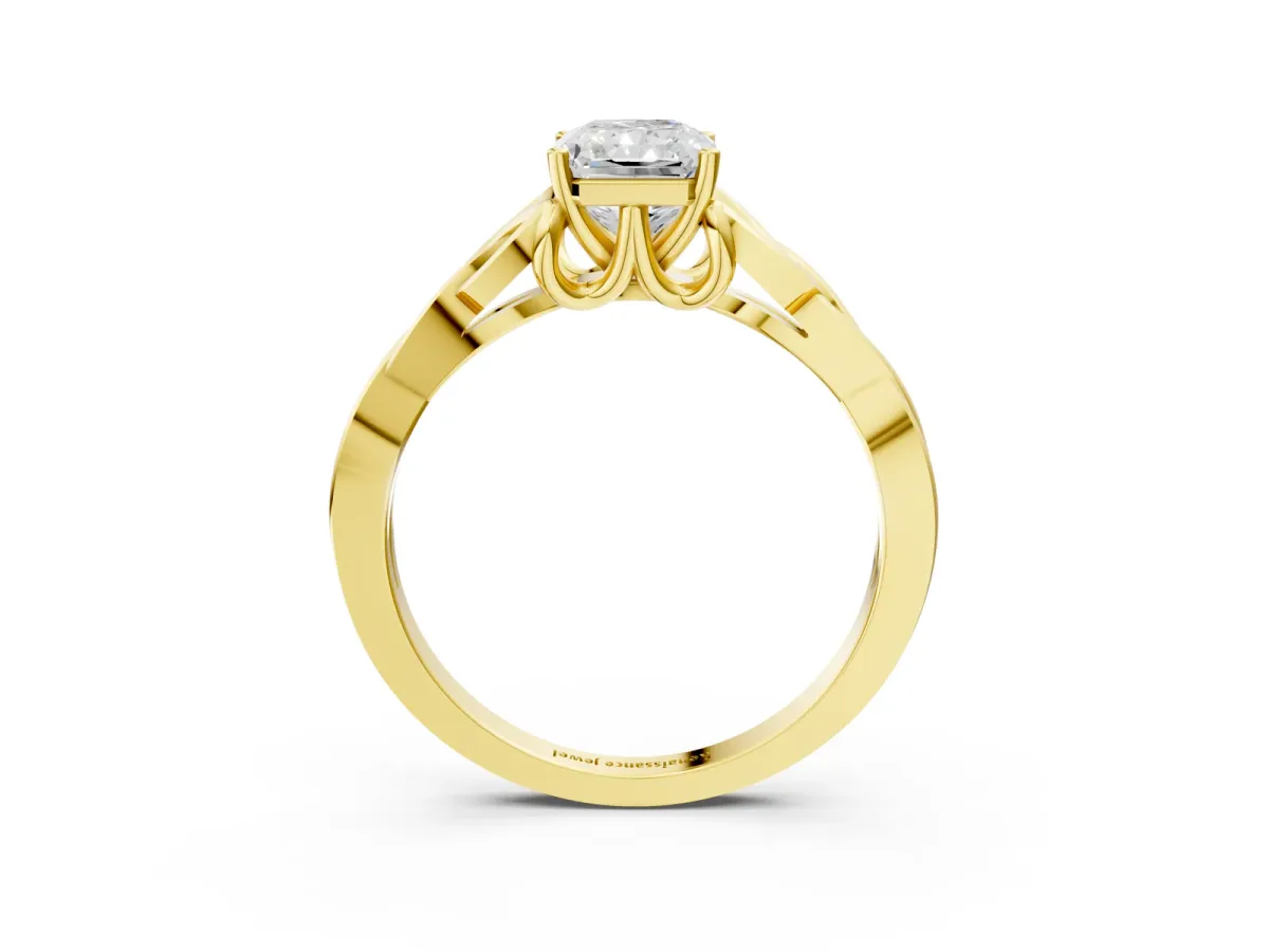 Radiant Cut Diamond Solitaire Engagement Ring with Celtic Knot Band and Four-Prong Setting Yellow gold
