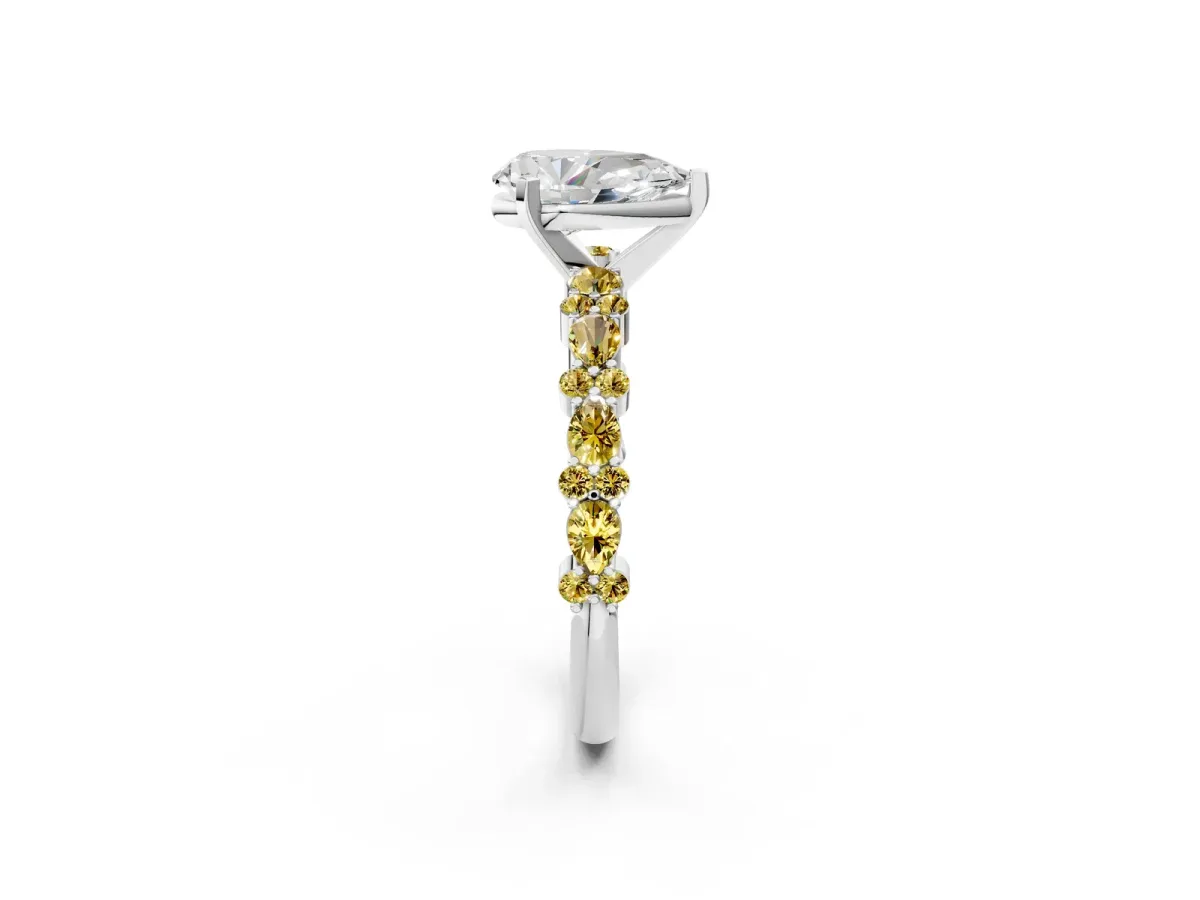 Pear Cut Diamond Side Stone Solitaire Ring with Round Yellow Sapphire and Four-Prong Setting White gold