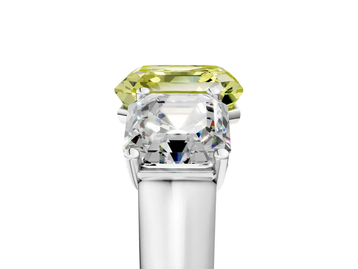 Fancy Yellow Asscher Cut Three-Stone Diamond Ring with Prong Setting on a Classic Band Platinum