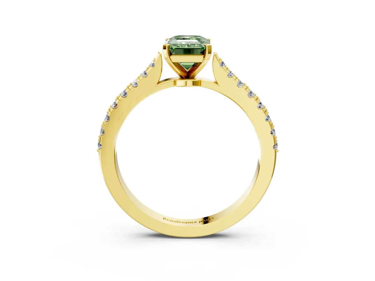 Fancy Green Emerald Cut Cut Solitaire Diamond Engagement Ring with Pave Band and Four-Prong Setting Yellow gold