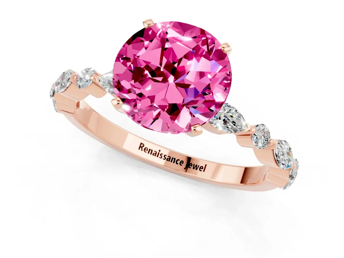 Round Cut Pink Sapphire Ring with Marquise and Round Side Stones and Four-Prong Setting Rose gold