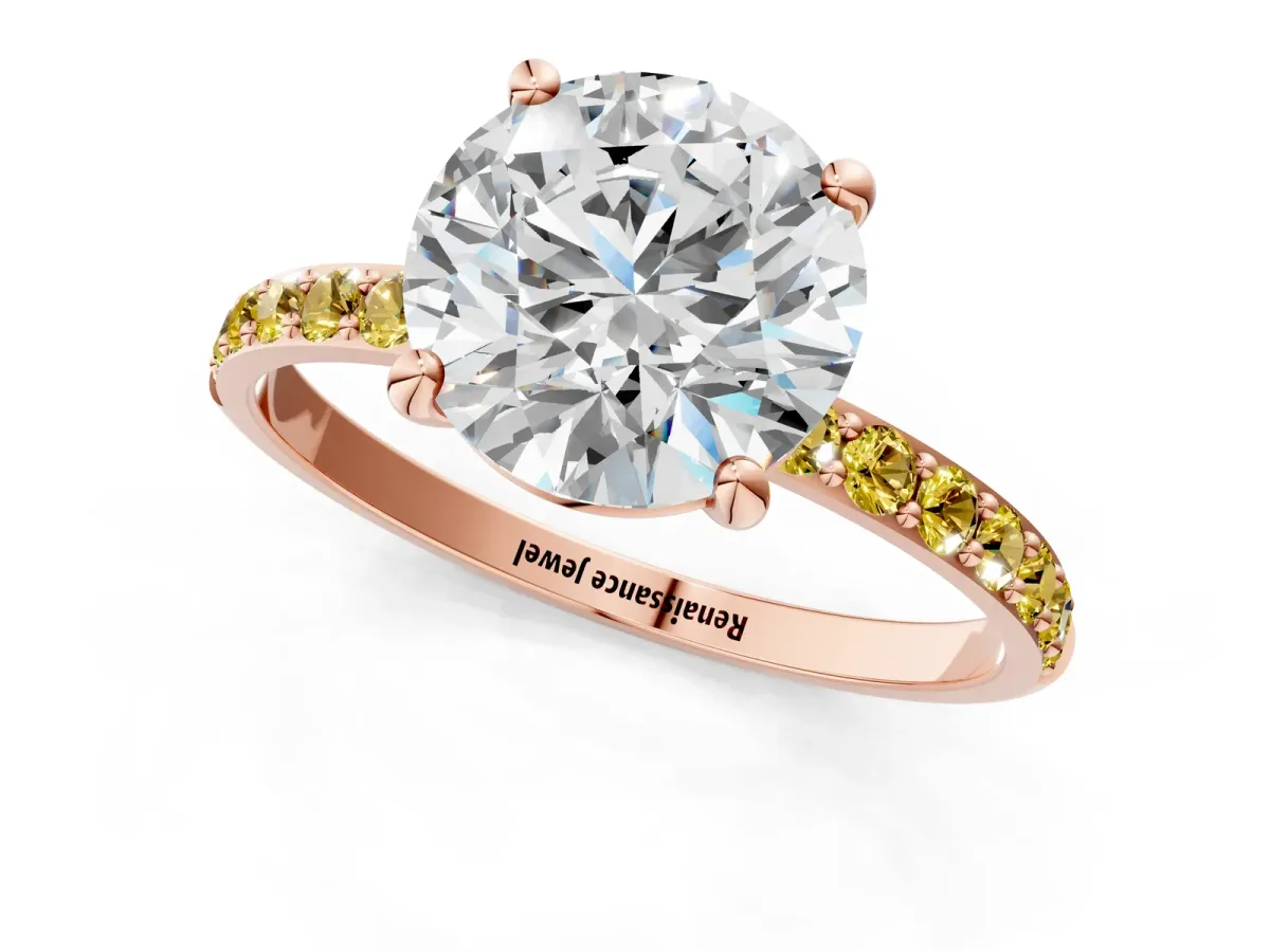 Round Cut Diamond Solitaire Ring with Round Yellow Sapphire Pavé Band and Prong Setting Rose gold