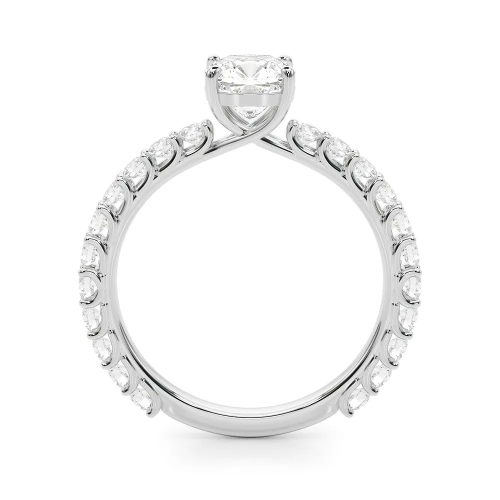Radiant Cut Cut Diamond Solitaire Ring with U-Prong Diamond Band and Four Prong Setting Silver