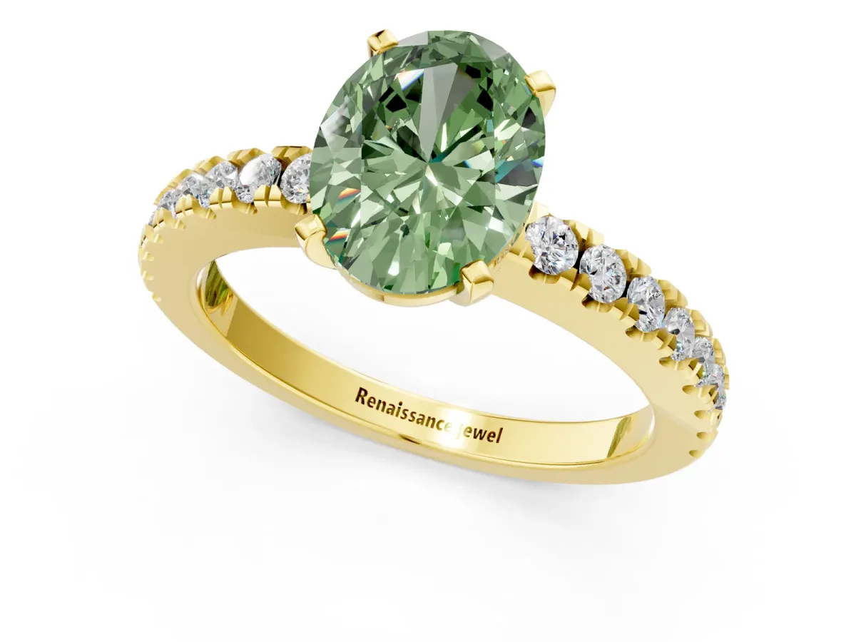 Fancy Green Oval Cut Solitaire Diamond with Pavé Band and Four-Prong Setting Yellow gold