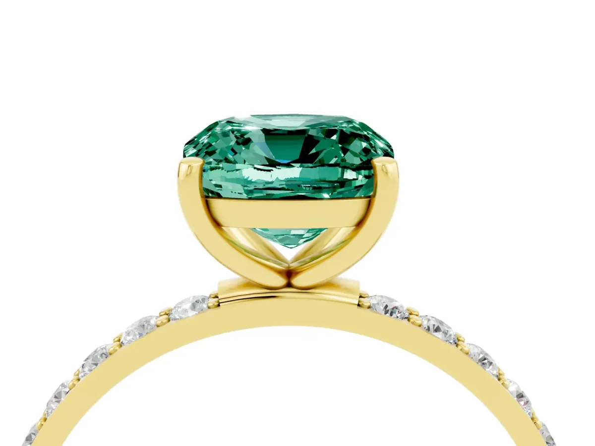 Cushion Cut Green Sapphire Solitaire Ring with Round Pavé Band and Prong Setting Yellow gold