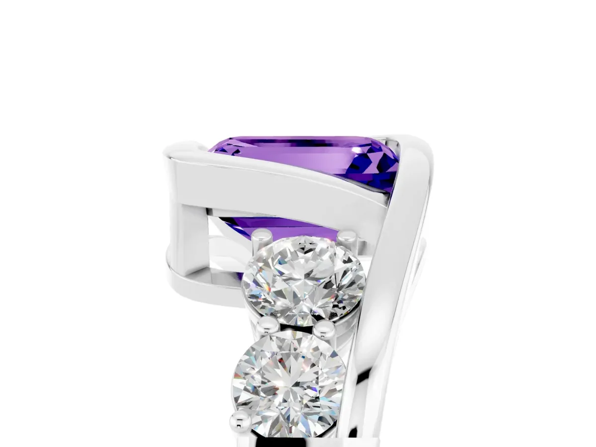 Bezel Set Emerald Cut Tanzanite Bypass Ring with Round Accents Silver