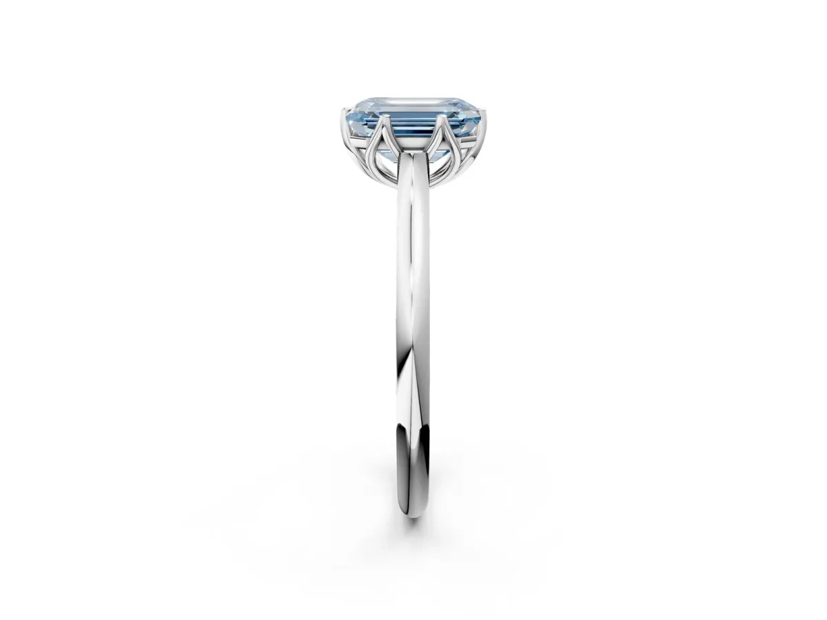 Fancy Blue Emerald Cut Solitaire Cathedral Diamond Ring with Six-Prong Setting Silver