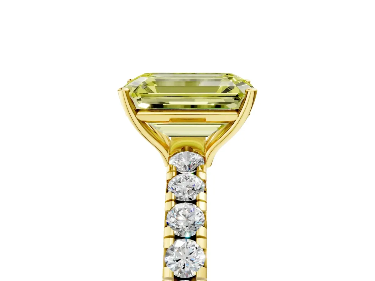 Fancy Yellow Emerald Cut Diamond Pavé Solitaire Engagement Ring with Four-Prong Setting Yellow gold