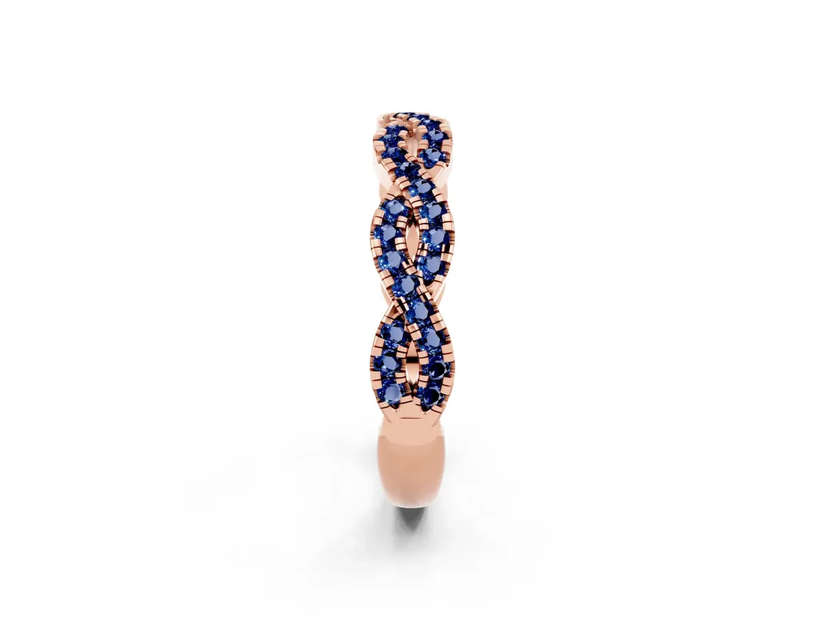 Round Blue Sapphire Twisted Eternity Band with Pavé and Shared Prong Setting Rose gold