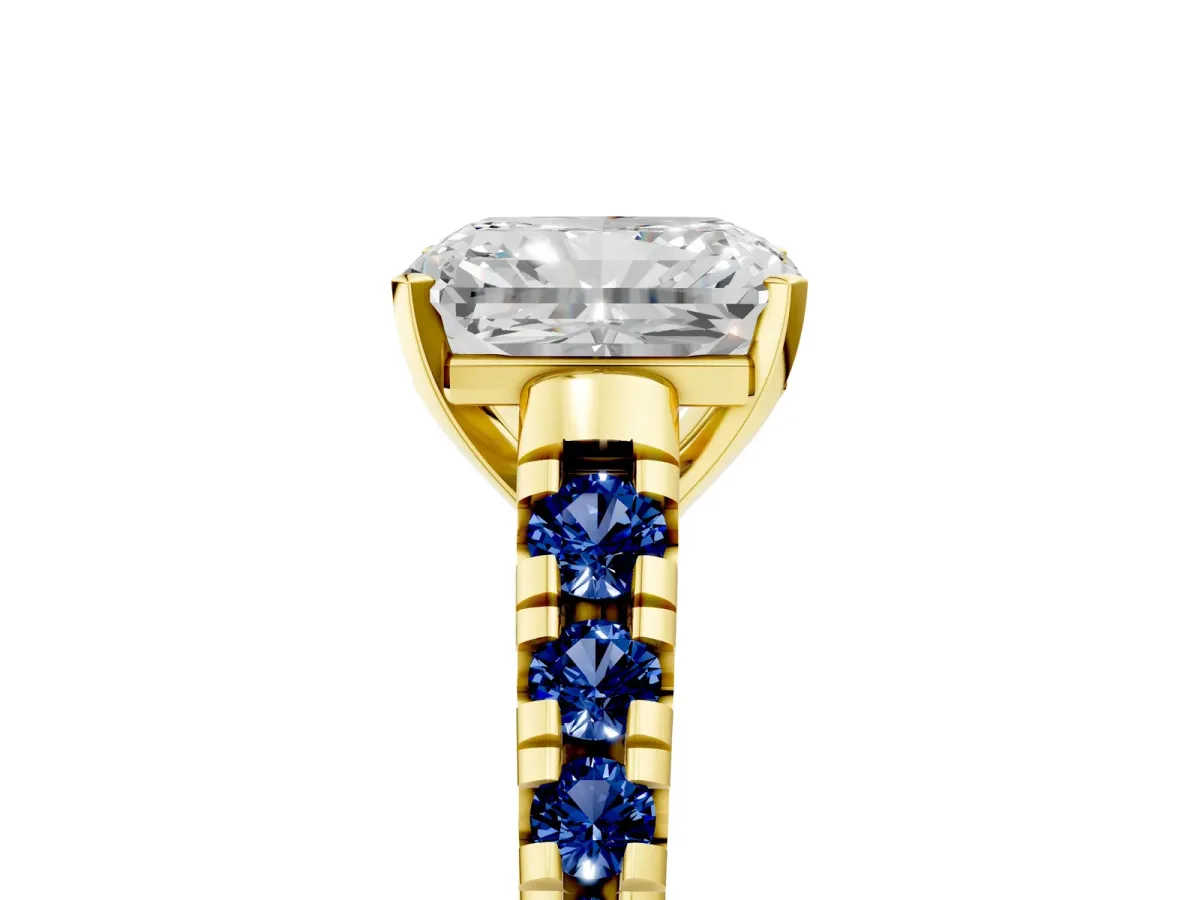 Radiant Cut Diamond Cathedral Solitaire Ring with Round Blue Sapphire Pavé Band Yellow gold