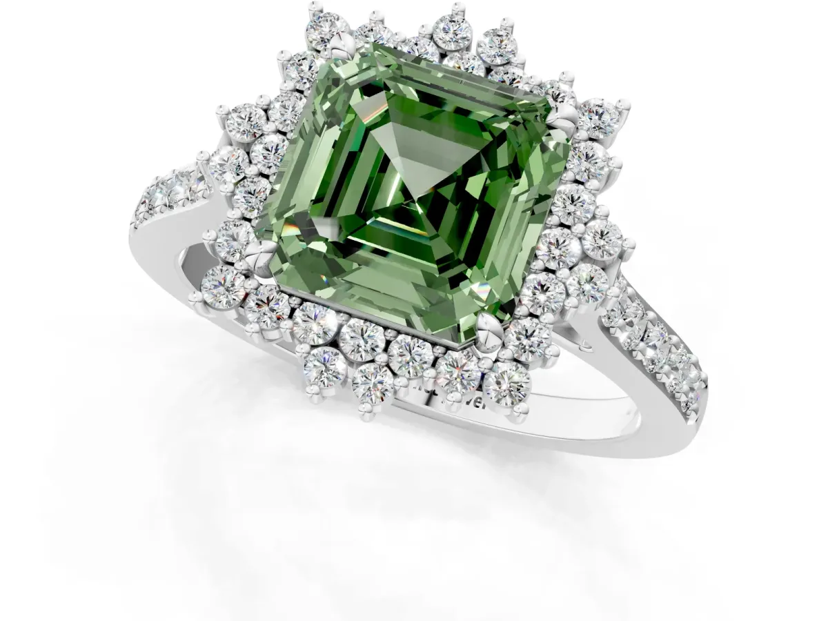 Fancy Green Asscher Cut Cut Diamond Sunburst Halo Engagement Ring with Pavé Band Platinum