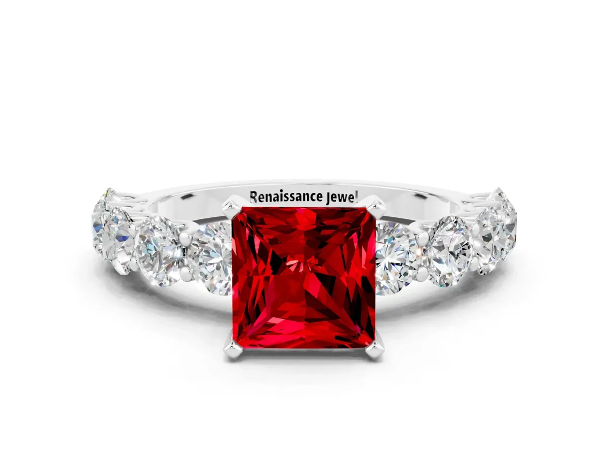 Princess Cut Ruby Prong Setting with Side Stones on a Pave Band Silver