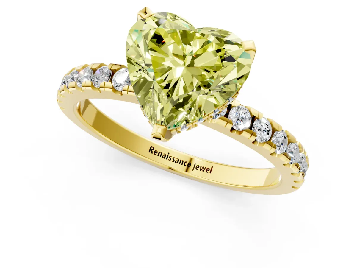 Fancy Yellow Heart Cut Diamond Solitaire Ring with Round Pavé Band and Four-Prong Setting Yellow gold