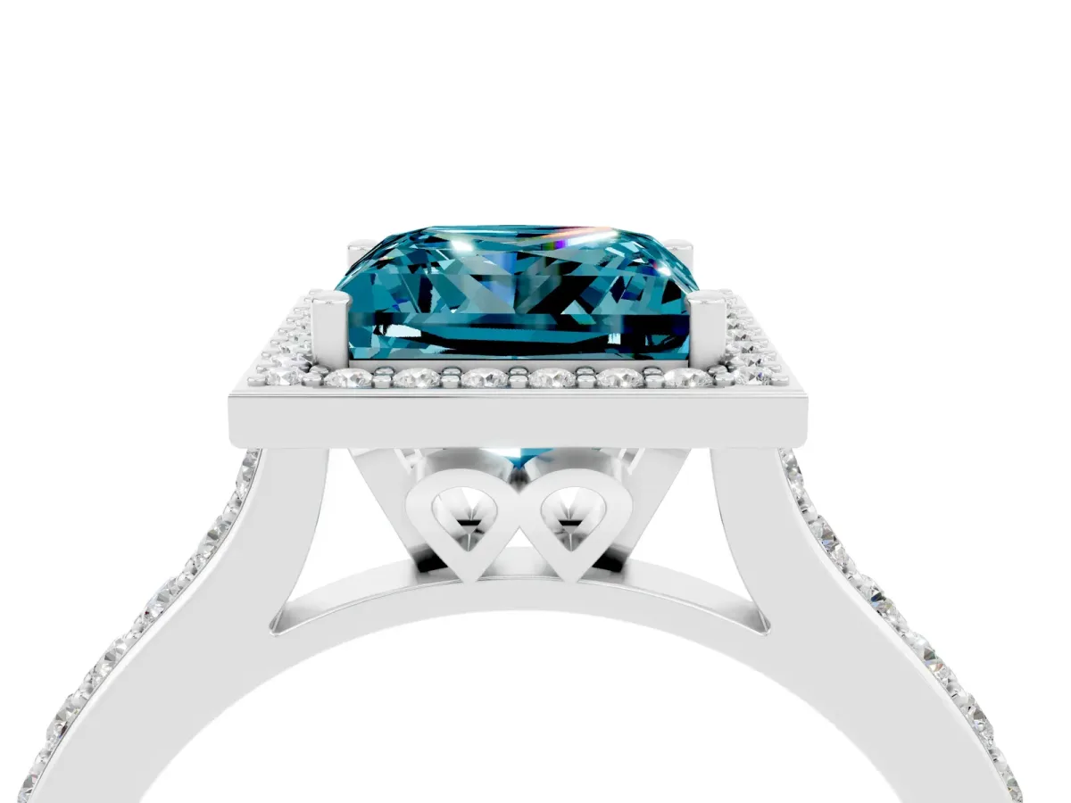 Princess Cut Blue Topaz Halo Engagement Ring with Round Pavé Shoulders and Prong Setting Silver