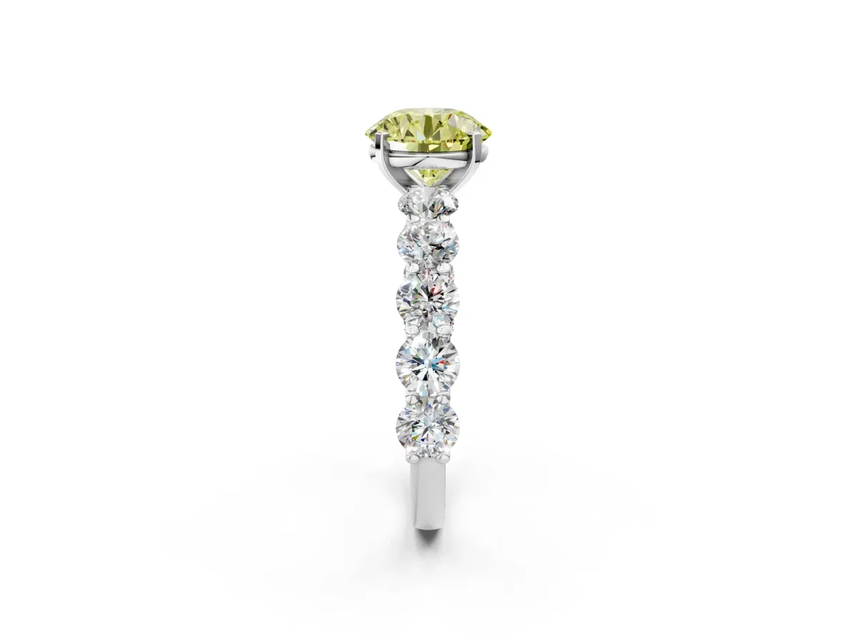 Fancy Yellow Round Cut Diamond Prong Setting with Side Stones on a Pave Band Silver