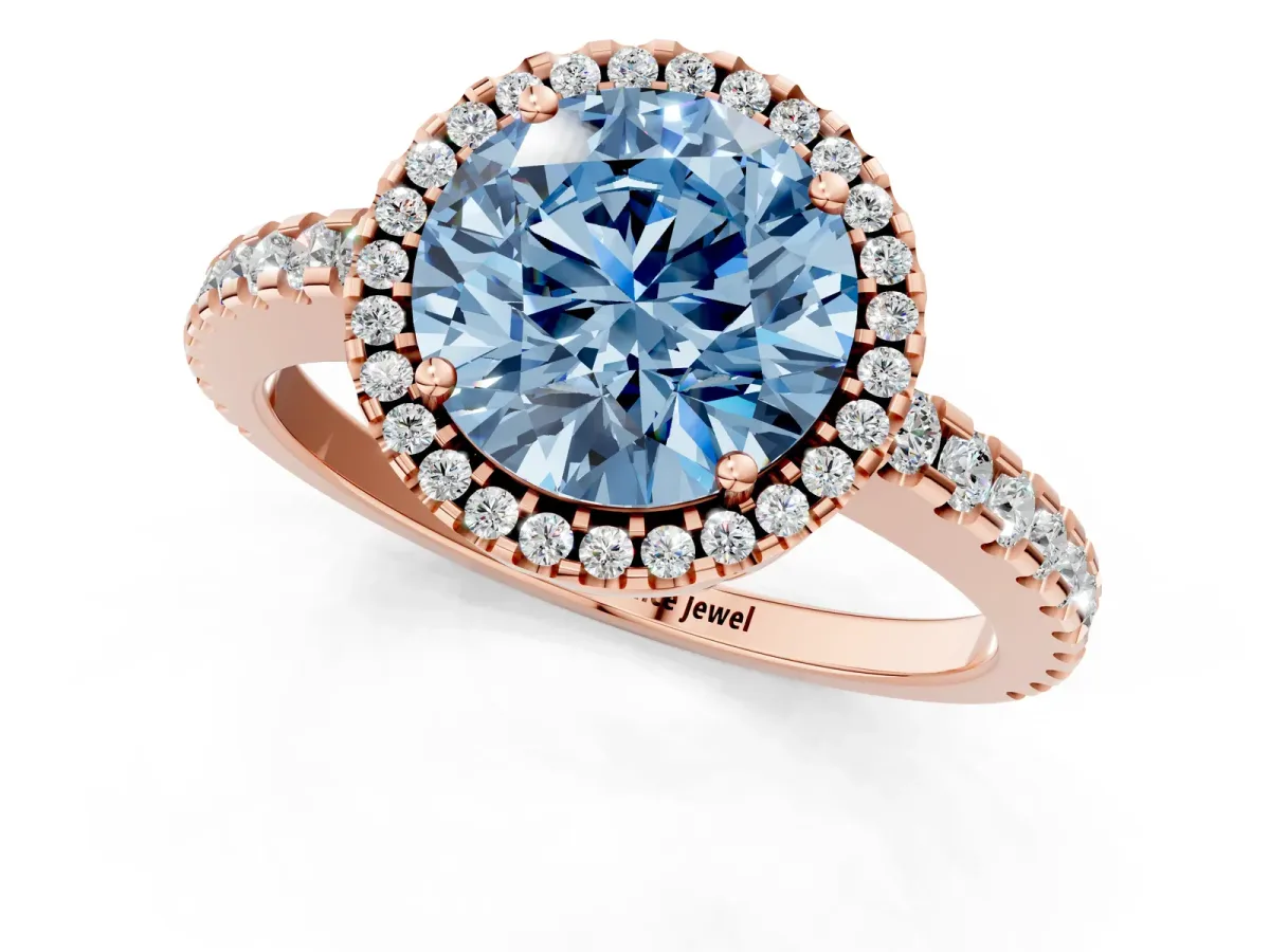 Fancy Blue Round Cut Diamond Halo Engagement Ring with Pavé Band and Prong Setting Rose gold