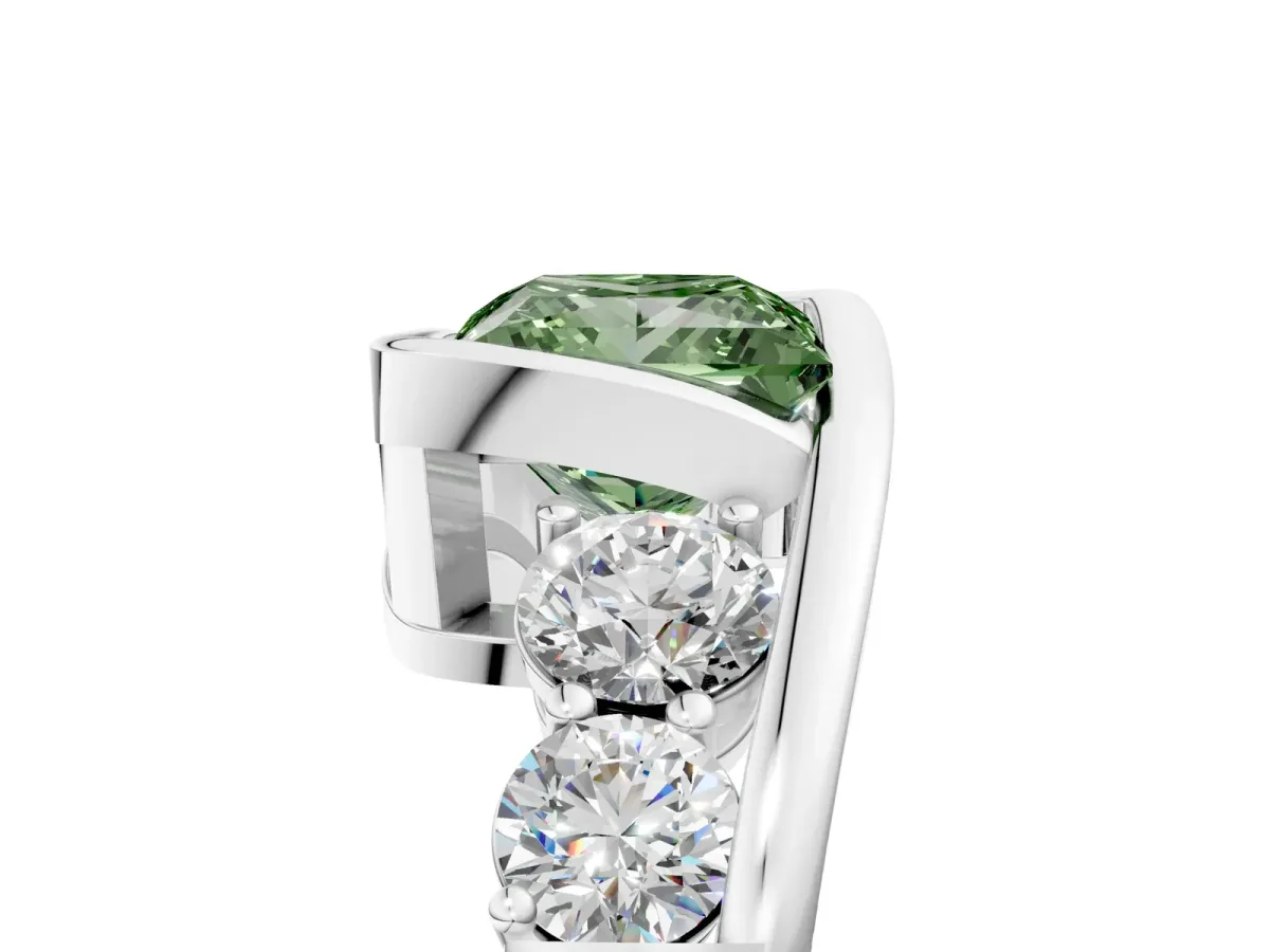 Fancy Green Bezel Set Princess Cut Diamond Bypass Ring with Round Accents Silver
