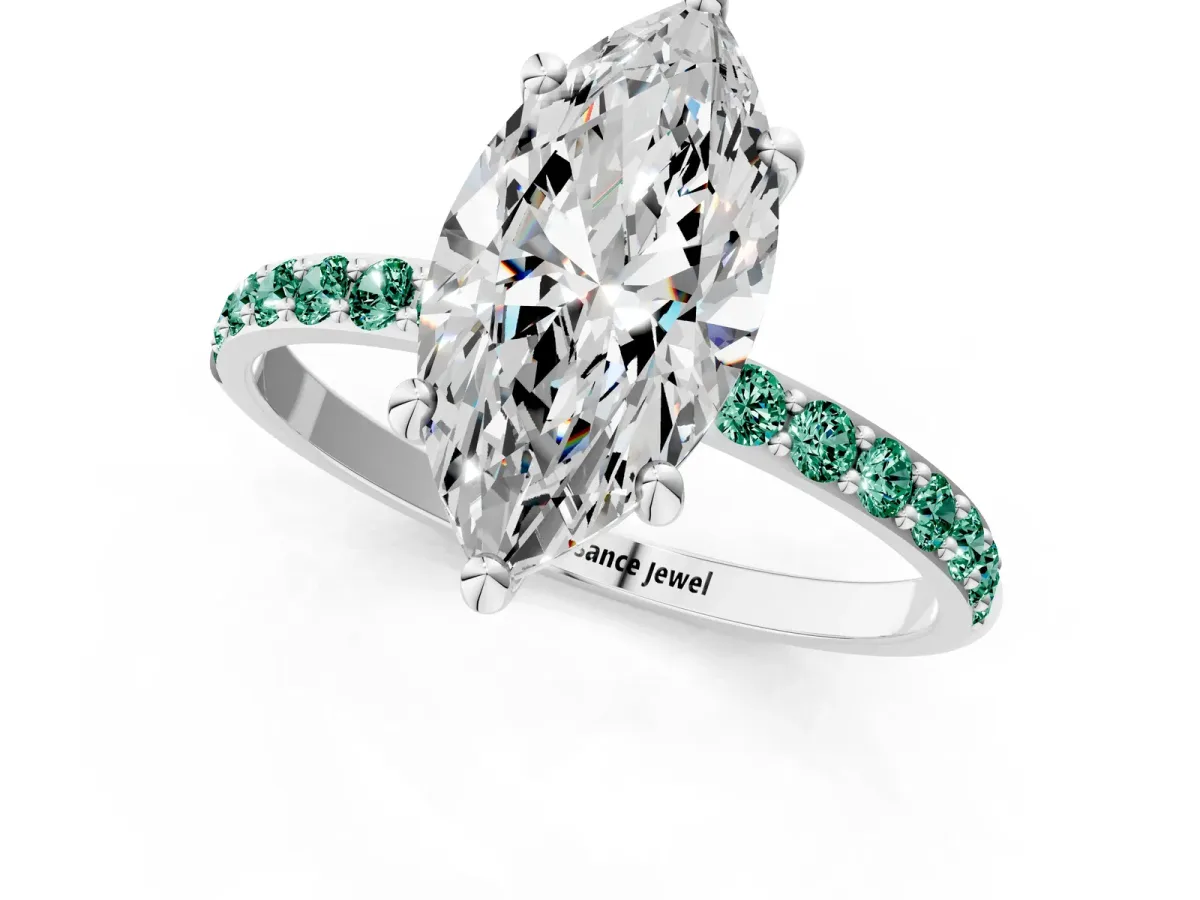 Marquise Cut Diamond Solitaire Ring with Round Green Sapphire Pavé Band and Prong Setting White gold