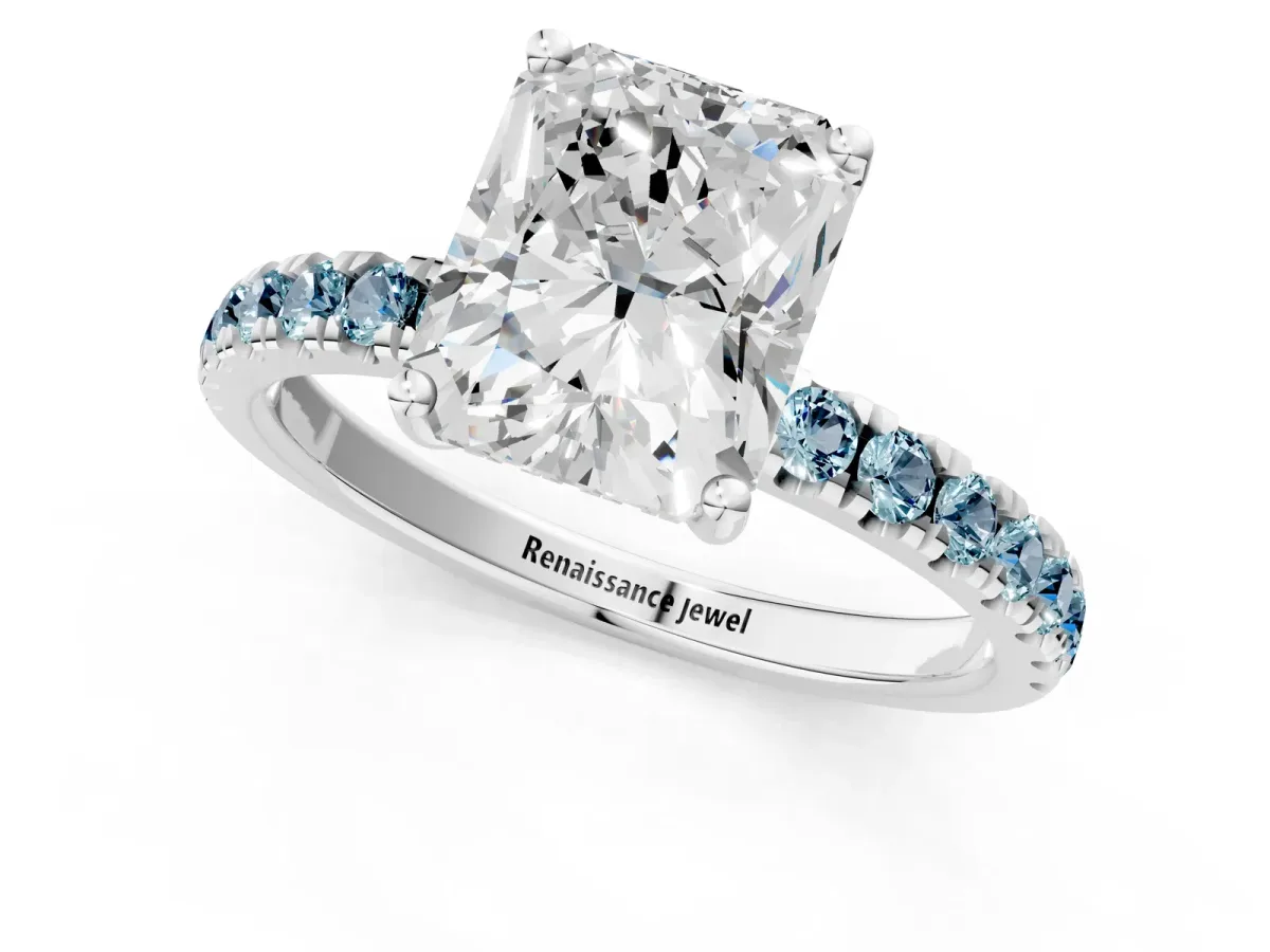 Radiant Cut Diamond Pave Band Solitaire Ring with Round Aquamarine and Prong Setting White gold