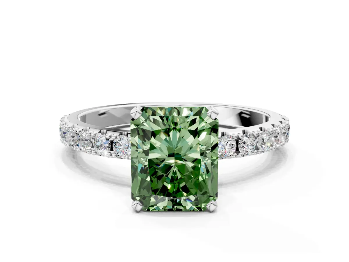 Fancy Green Radiant Cut Diamond Solitaire Pavé Band with Four-Prong Setting Platinum