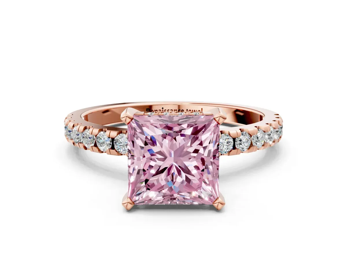 Fancy Pink Princess Cut Diamond Solitaire Ring with Round Pavé Band and Four-Prong Setting Rose gold