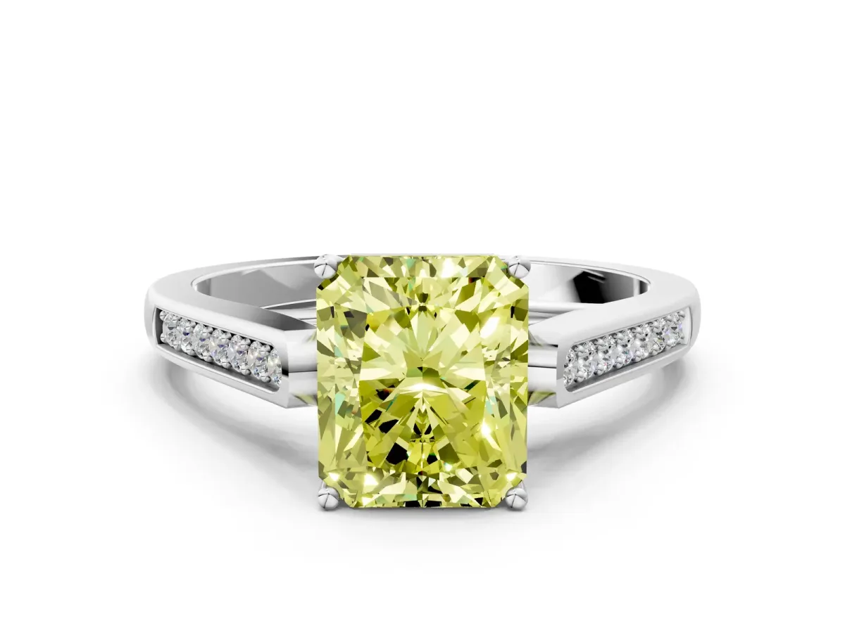 Fancy Yellow Radiant Cut Solitaire Cathedral Diamond Engagement Ring with Channel-Set Band and Four-Prong Setting Platinum