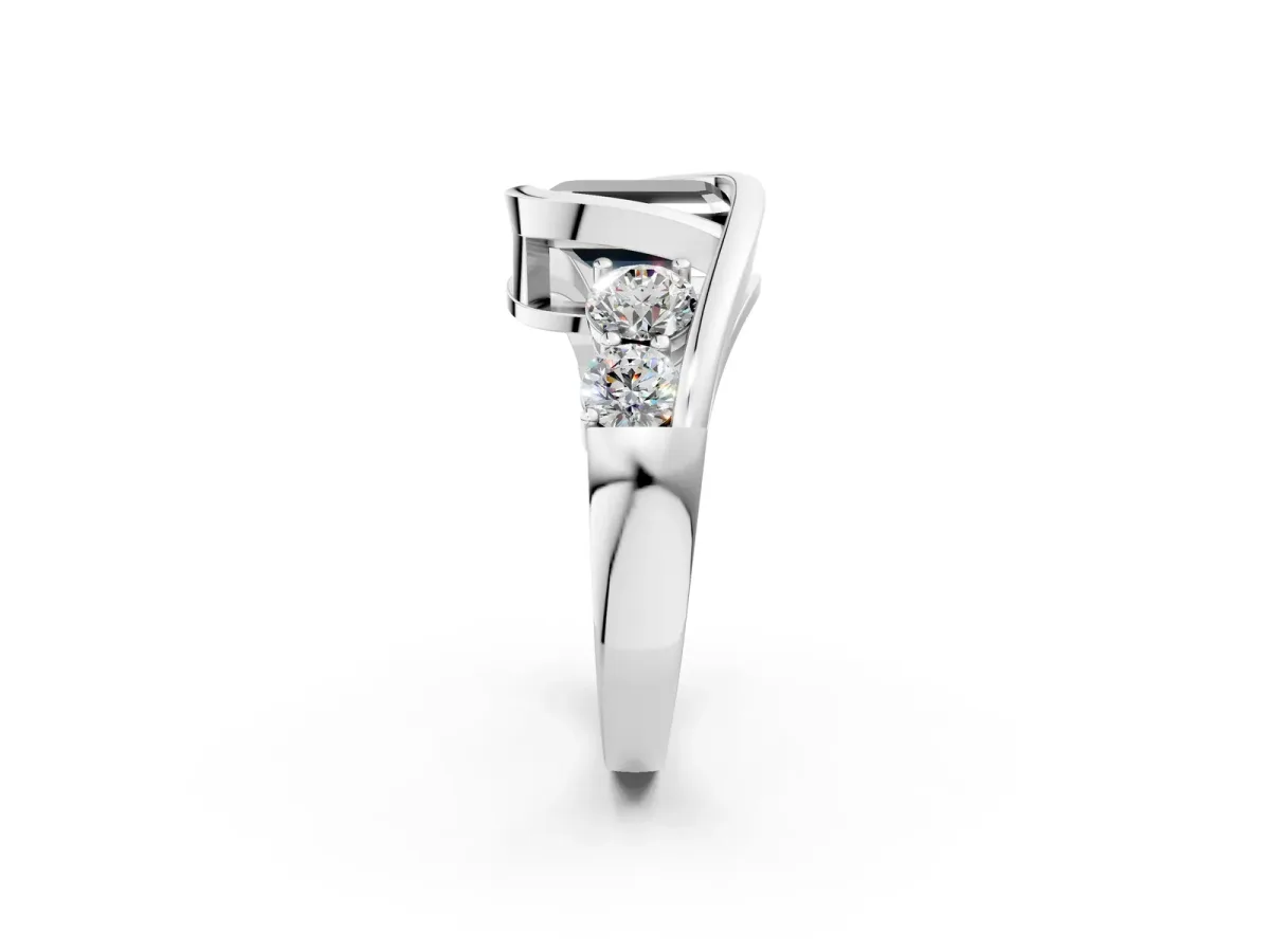Fancy Black Bezel Set Emerald Cut Diamond Bypass Ring with Round Accents Silver
