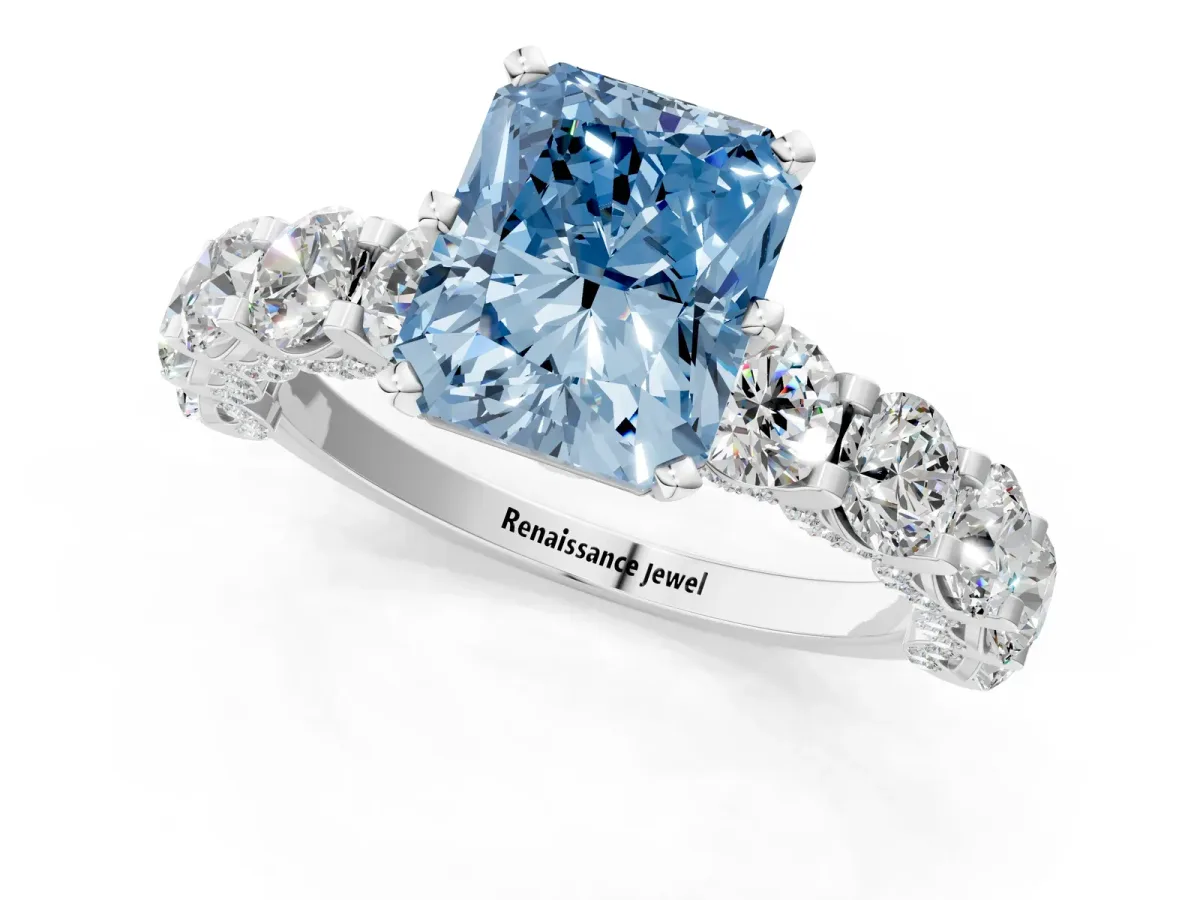 Fancy Blue Radiant Cut Diamond Side Stone Engagement Ring with Four-Prong Setting Silver