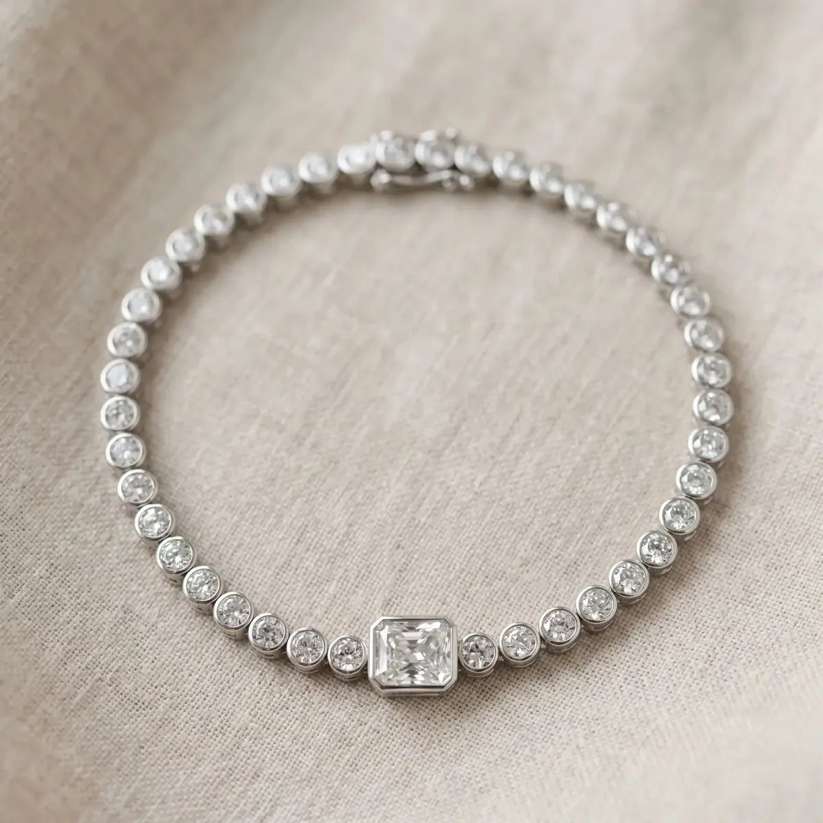 Bezel-Set Round Diamond Tennis Bracelet with Radiant Center Diamond White gold