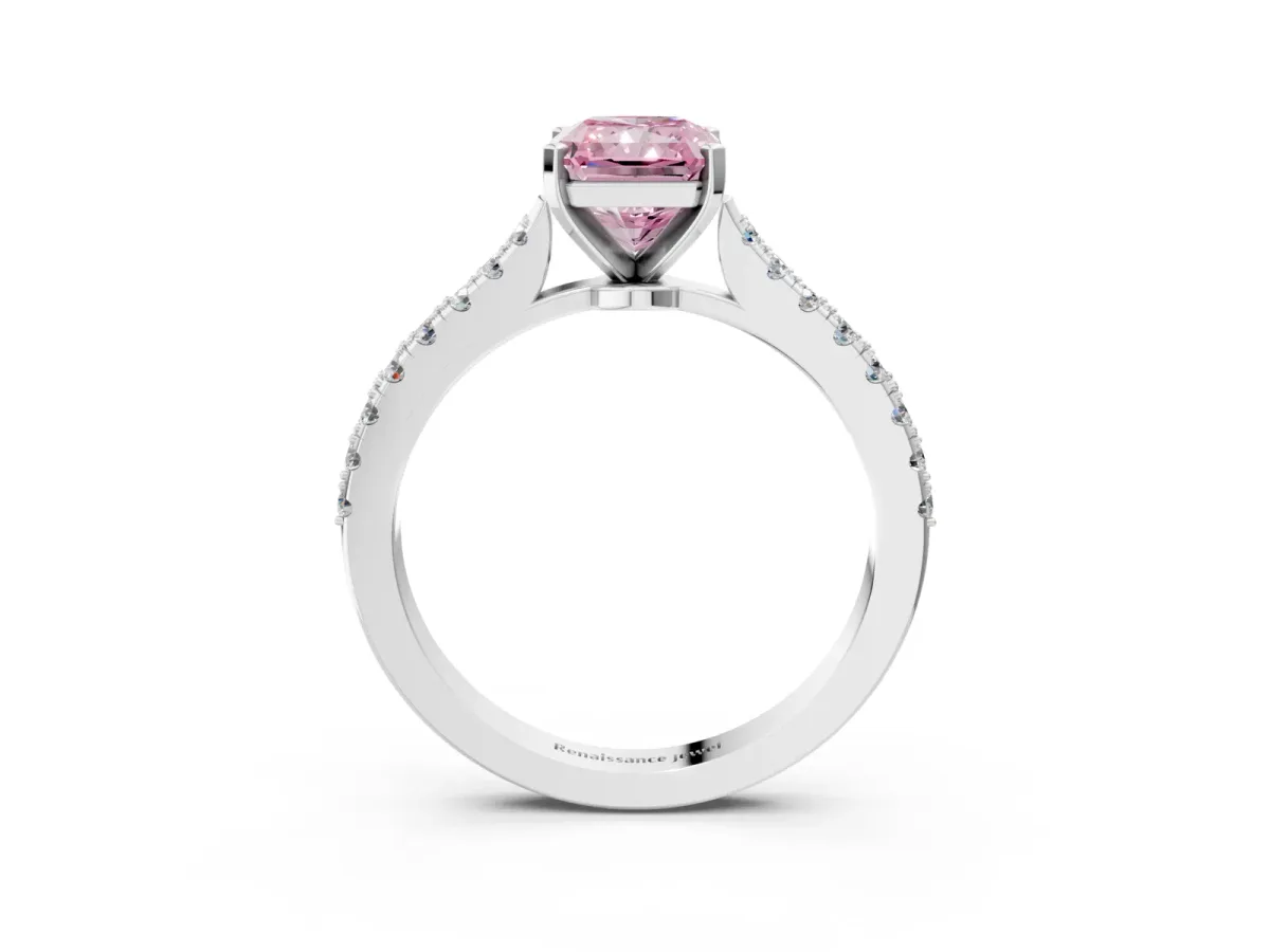 Fancy Pink Radiant Cut Cut Solitaire Diamond Engagement Ring with Pave Band and Four-Prong Setting White gold