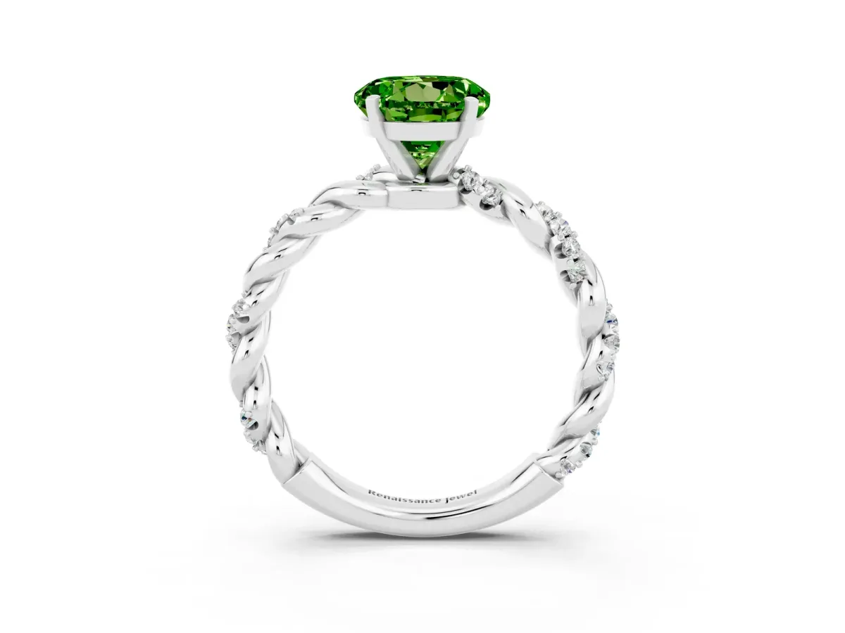 Round Cut Peridot Solitaire Ring with Twisted Band and Pavé Accents Silver