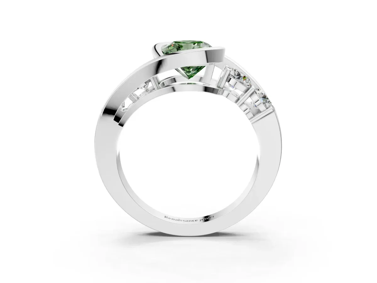 Fancy Green Bezel Set Cushion Cut Diamond Bypass Ring with Round Accents Silver