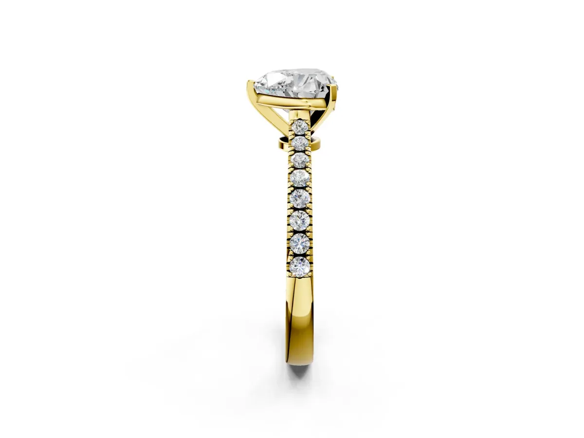 Heart Cut Cut Solitaire Diamond Engagement Ring with Pave Band and Four-Prong Setting Yellow gold