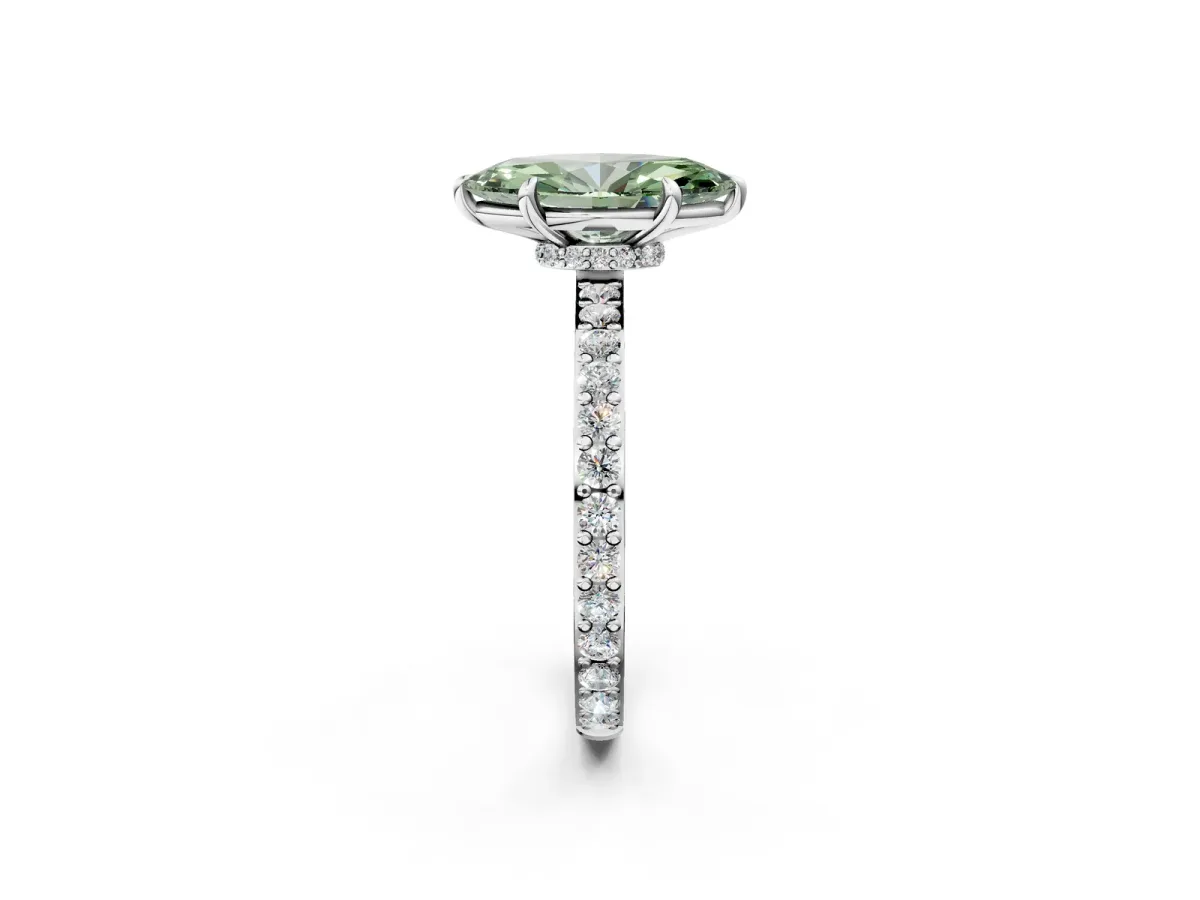 Fancy Green Marquise Cut Diamond Solitaire Engagement Ring with Pavé Band and Four-Prong Setting White gold