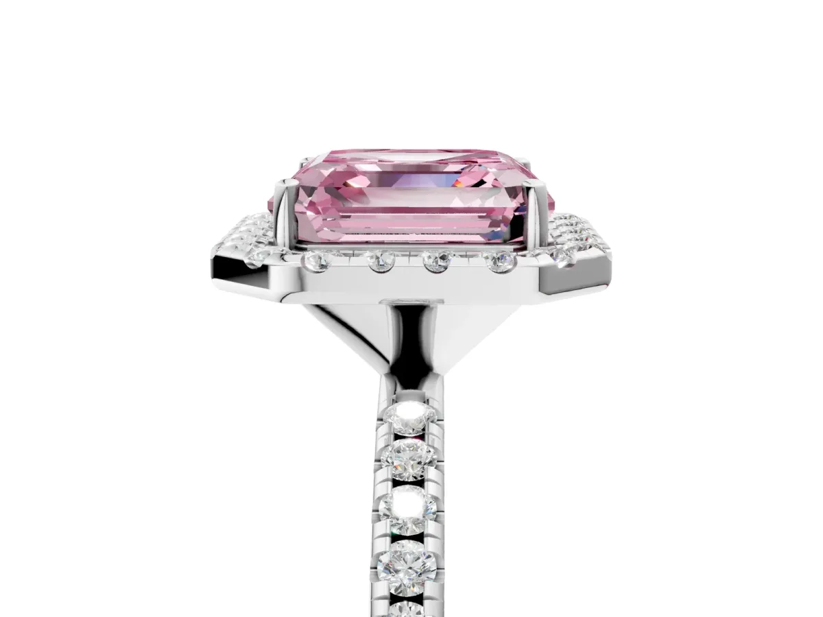 Fancy Pink Asscher Cut Diamond Halo Engagement Ring with Round Pavé Band and Prong Setting Platinum