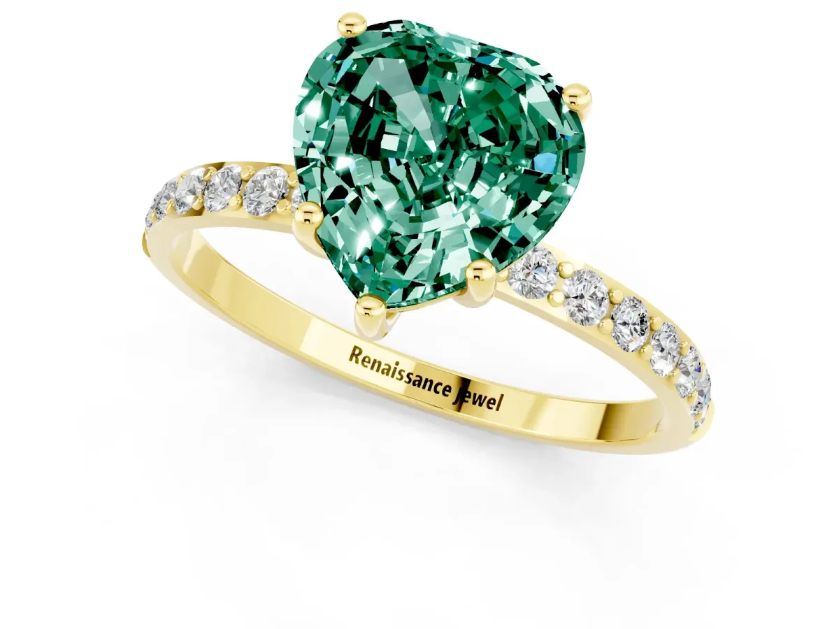 Heart Cut Green Sapphire Solitaire Ring with Round Pavé Band and Prong Setting Yellow gold