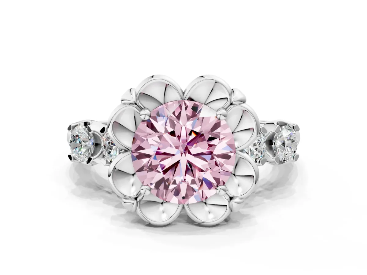 Fancy Pink Round Cut Cut Diamond Floral Halo Engagement Ring with Shared Prong Setting Silver