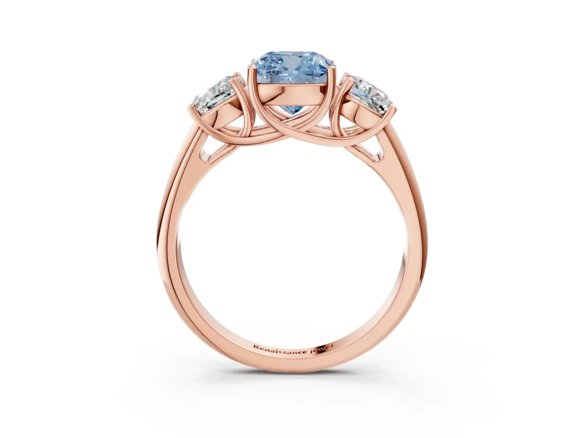 Fancy Blue Three-Stone Cushion Cut Diamond Engagement Ring with Prong Setting Rose gold