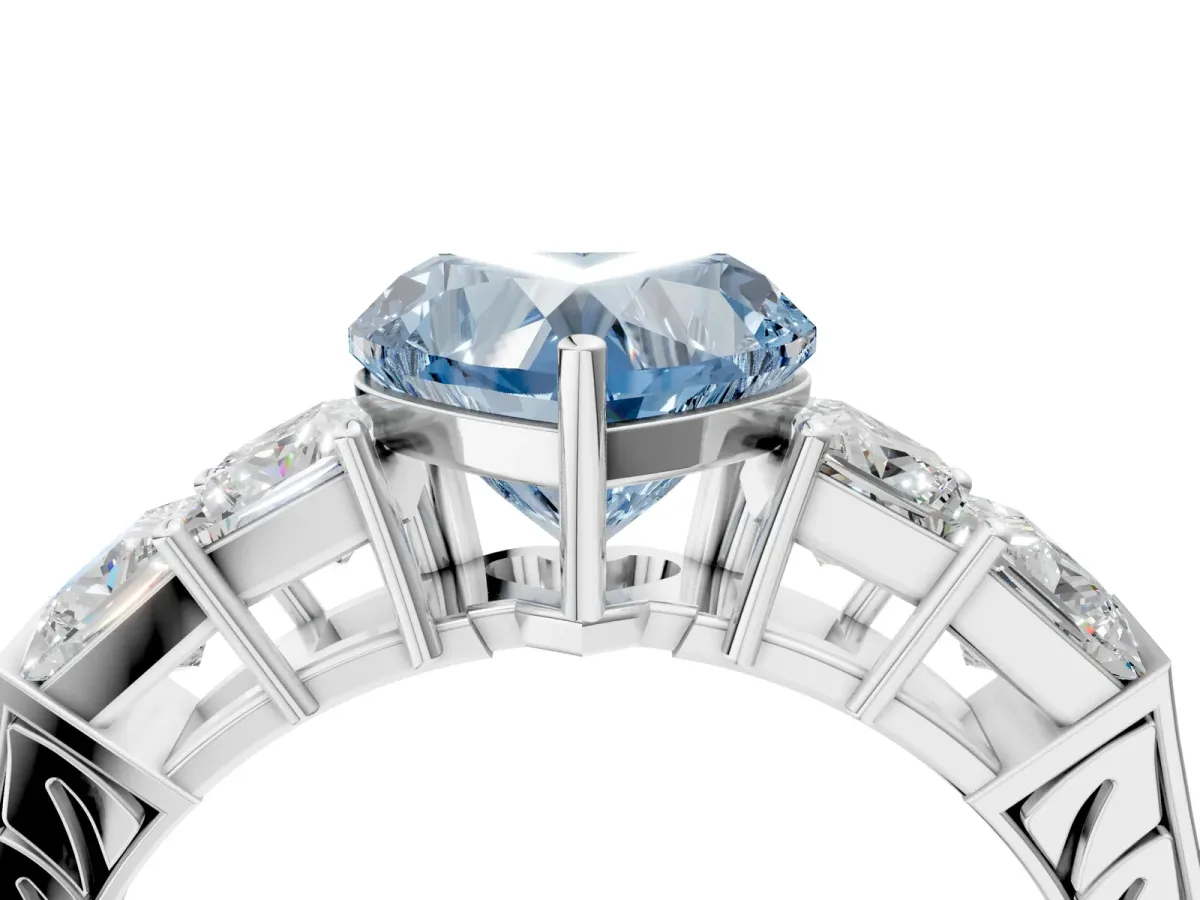 Fancy Blue Heart Cut Solitaire Princess Side Stone Engraved Band Prong Setting Ring Silver