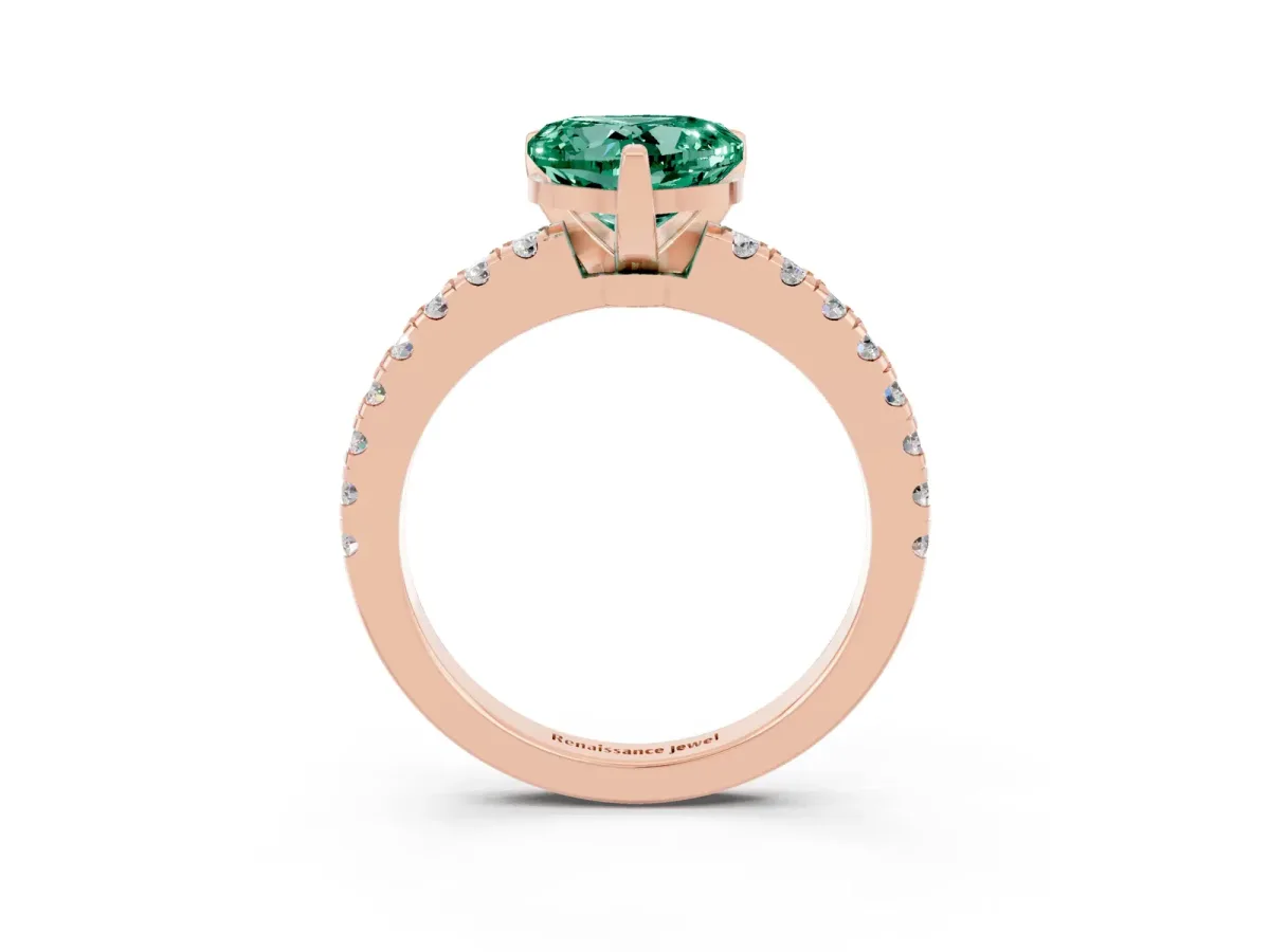 Heart Cut Solitaire Green Sapphire with Pavé Band and Four-Prong Setting Rose gold