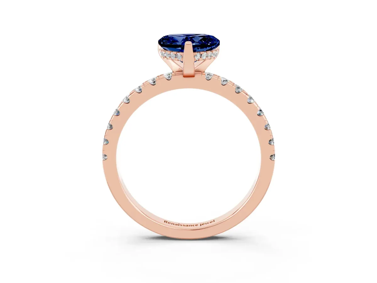 Heart Cut Blue Sapphire Solitaire Ring with Round Pavé Band and Four-Prong Setting Rose gold