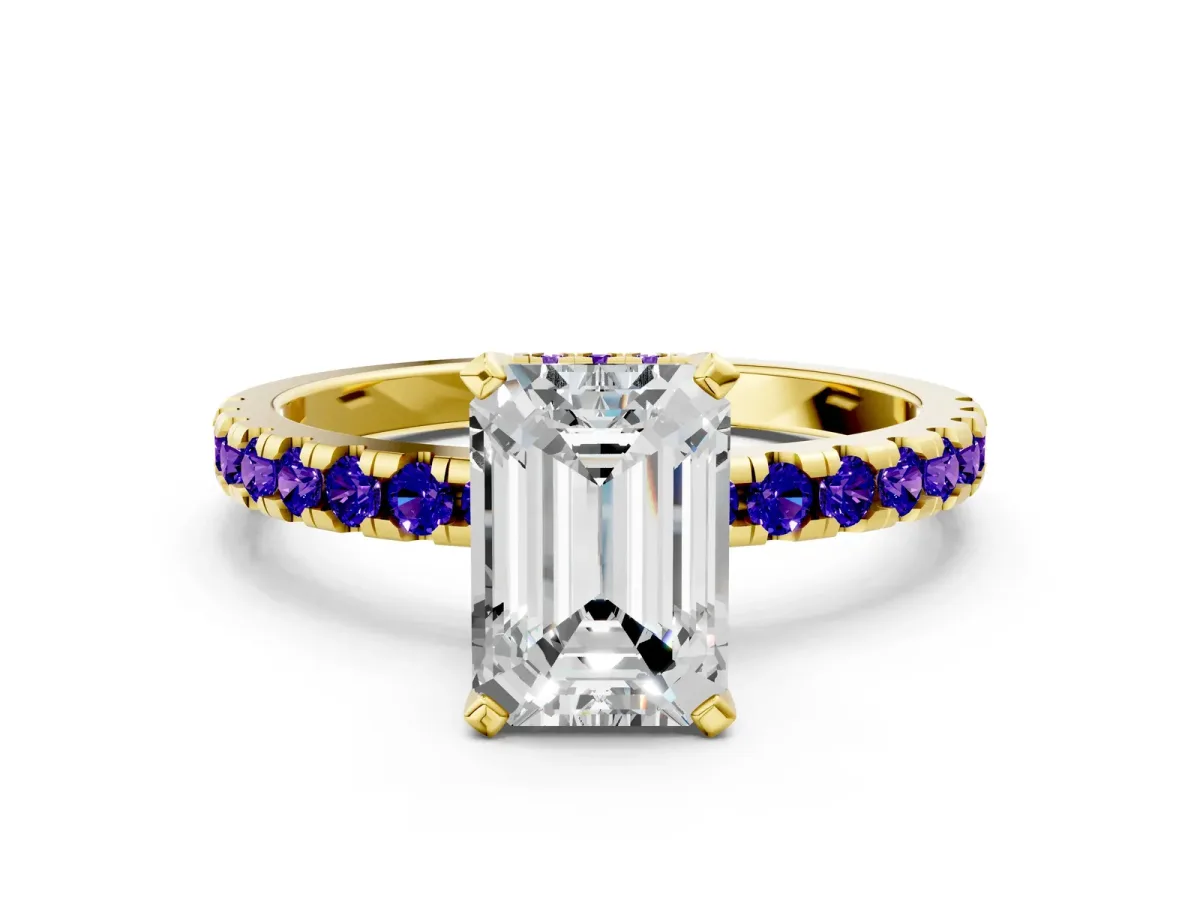 Emerald Cut Diamond Solitaire Ring with Round Tanzanite Pavé Band and Four-Prong Setting Yellow gold