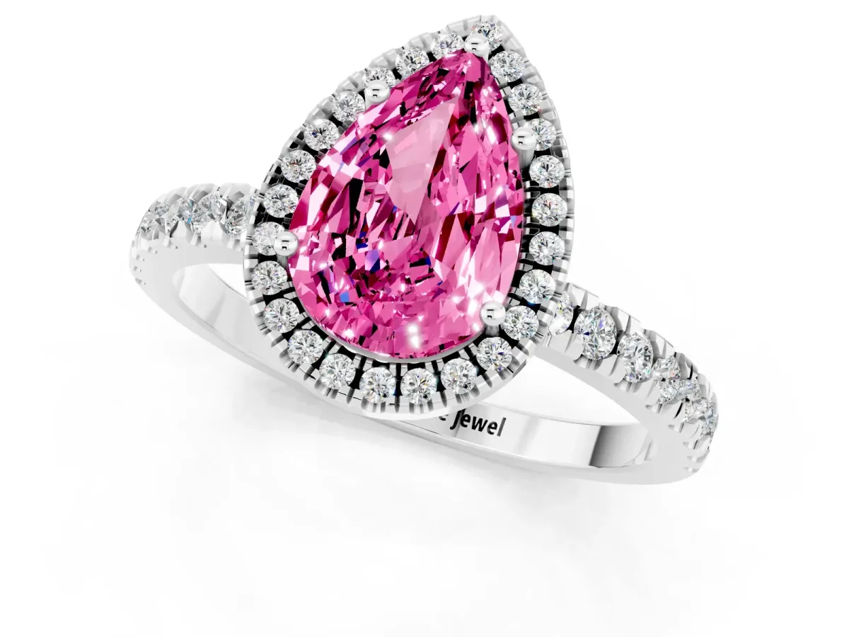 Pear Cut Pink Sapphire Classic Halo Engagement Ring with Round Pavé Band and Prong Setting Silver