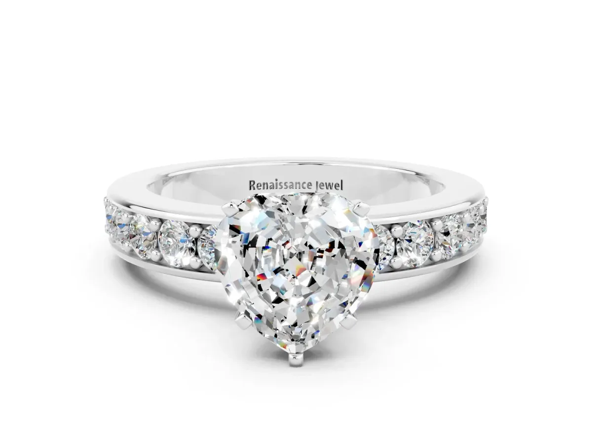 Heart Cut Moissanite Engagement Ring with Channel Set Round Band and Prong Setting White gold