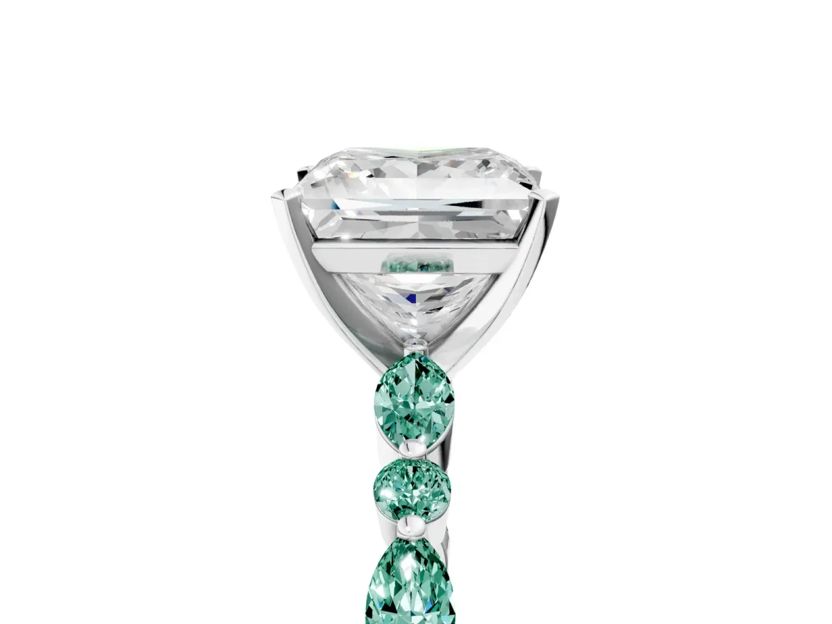 Princess Cut Diamond Ring with Marquise and Round Green Sapphire Side Stones and Four-Prong Setting Platinum