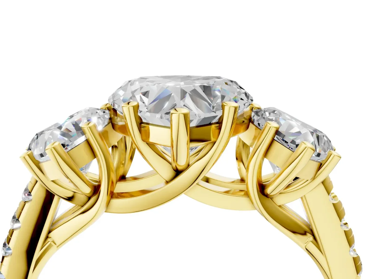 Fancy Green Three-Stone Heart Cut Diamond Ring with Round Pavé Band and Prong Setting Yellow gold