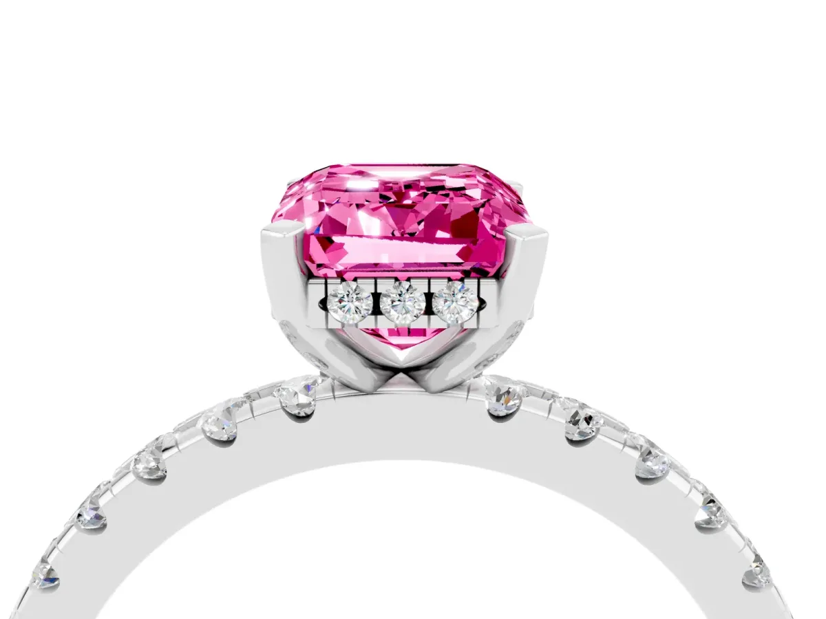 Emerald Cut Pink Sapphire Solitaire Ring with Round Pavé Band and Four-Prong Setting White gold