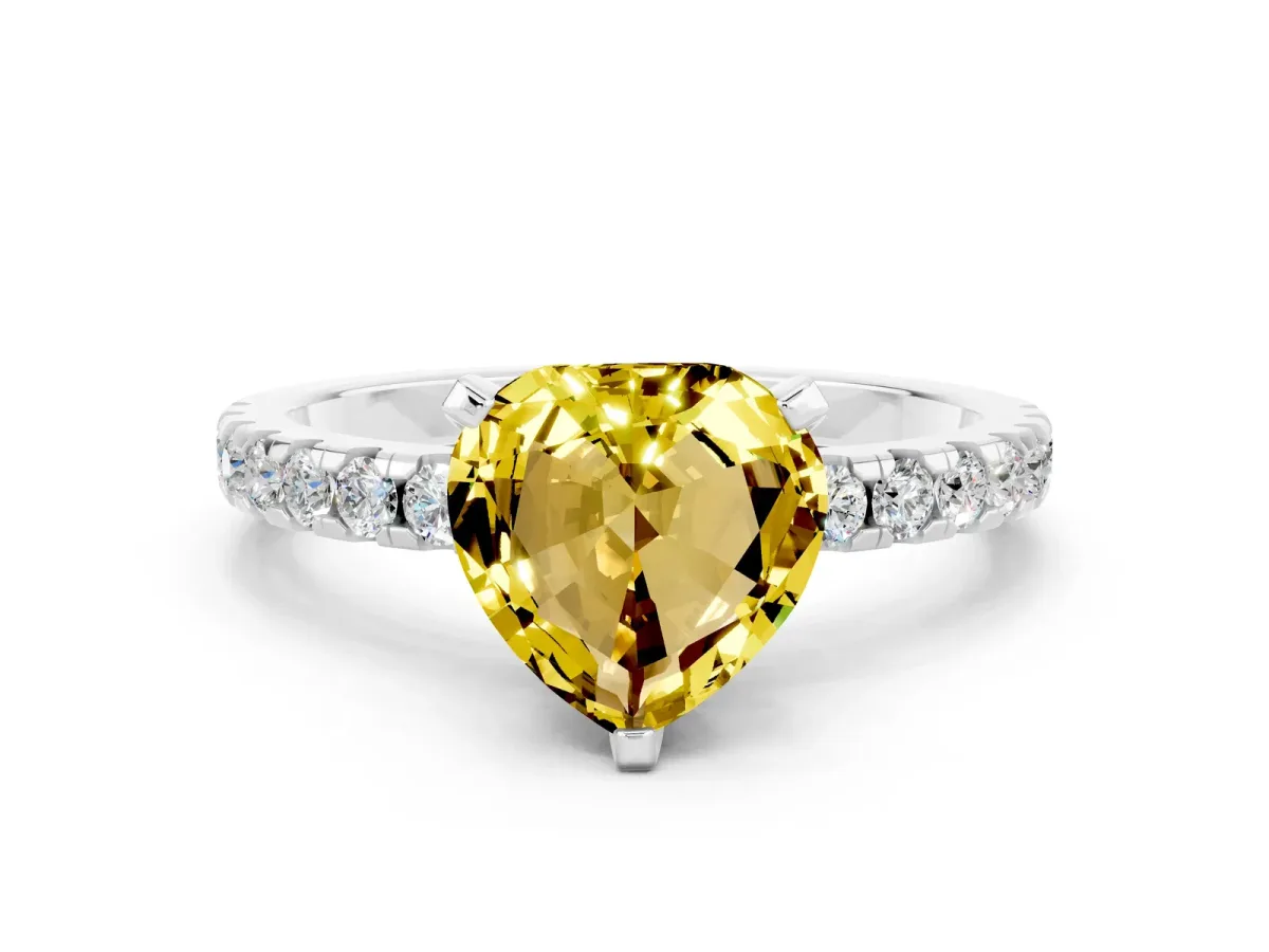 Heart Cut Yellow Sapphire Solitaire Ring with Round Pavé Band and Four-Prong Setting White gold